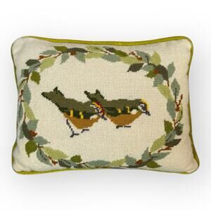 Bird Floral Needlepoint Throw Pillow 10x13” Yellow Velvet Cottagecore Vintage
